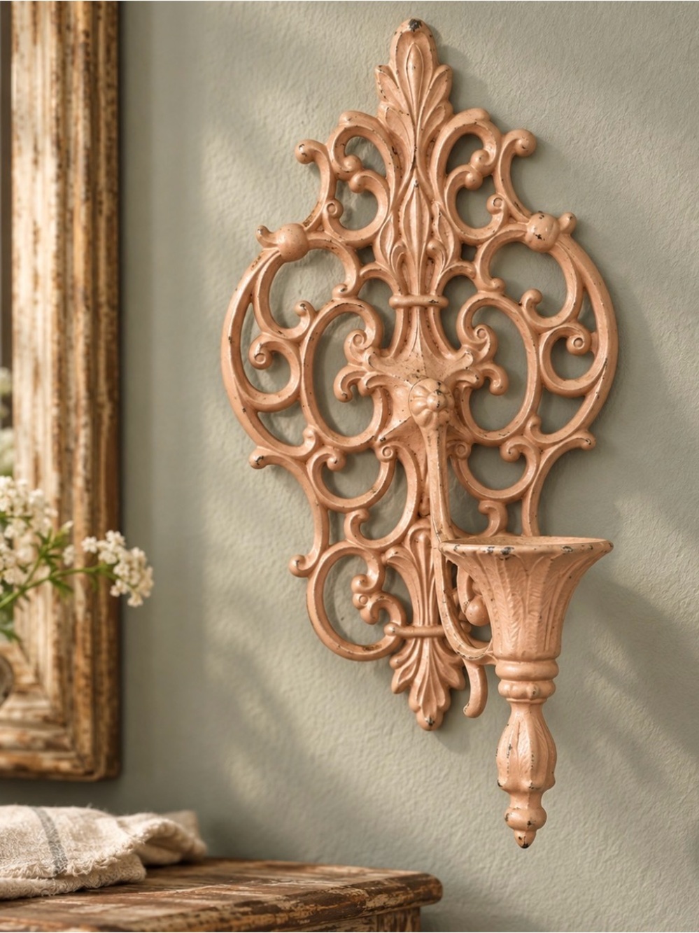 Ornate Wall Metal wall Sconce Candle Holder iantiqued Pink Ornate French Cottage